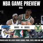 NBA game preview featuring Orlando Magic vs. Milwaukee Bucks, highlighting players in action and team logos. Stay updated on scores and stats!