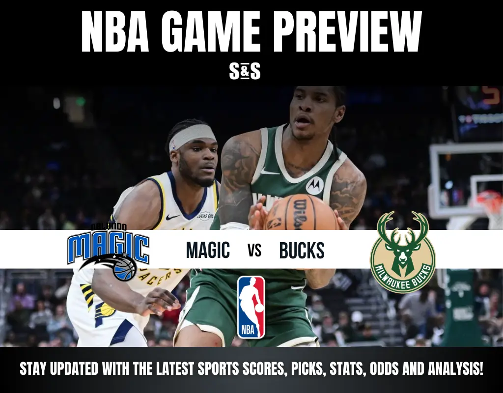 NBA game preview featuring Orlando Magic vs. Milwaukee Bucks, highlighting players in action and team logos. Stay updated on scores and stats!