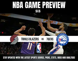 NBA game preview graphic featuring the Trail Blazers vs. 76ers, highlighting logos and promotional text for updates and analysis.