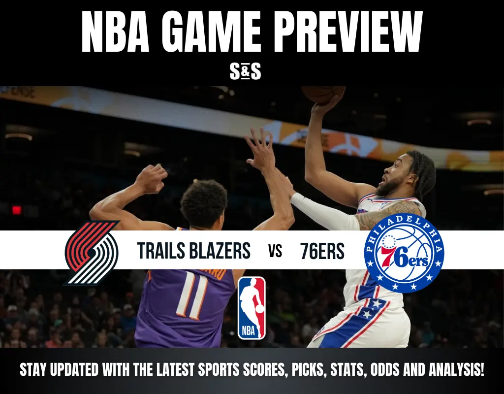 NBA game preview graphic featuring the Trail Blazers vs. 76ers, highlighting logos and promotional text for updates and analysis.
