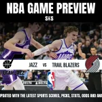 NBA game preview featuring the Utah Jazz vs. Portland Trail Blazers, with players in action and team logos displayed prominently.