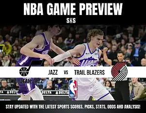 NBA game preview featuring the Utah Jazz vs. Portland Trail Blazers, with players in action and team logos displayed prominently.