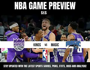 NBA game preview featuring players from the Sacramento Kings and Orlando Magic, with team logos and game details prominently displayed.