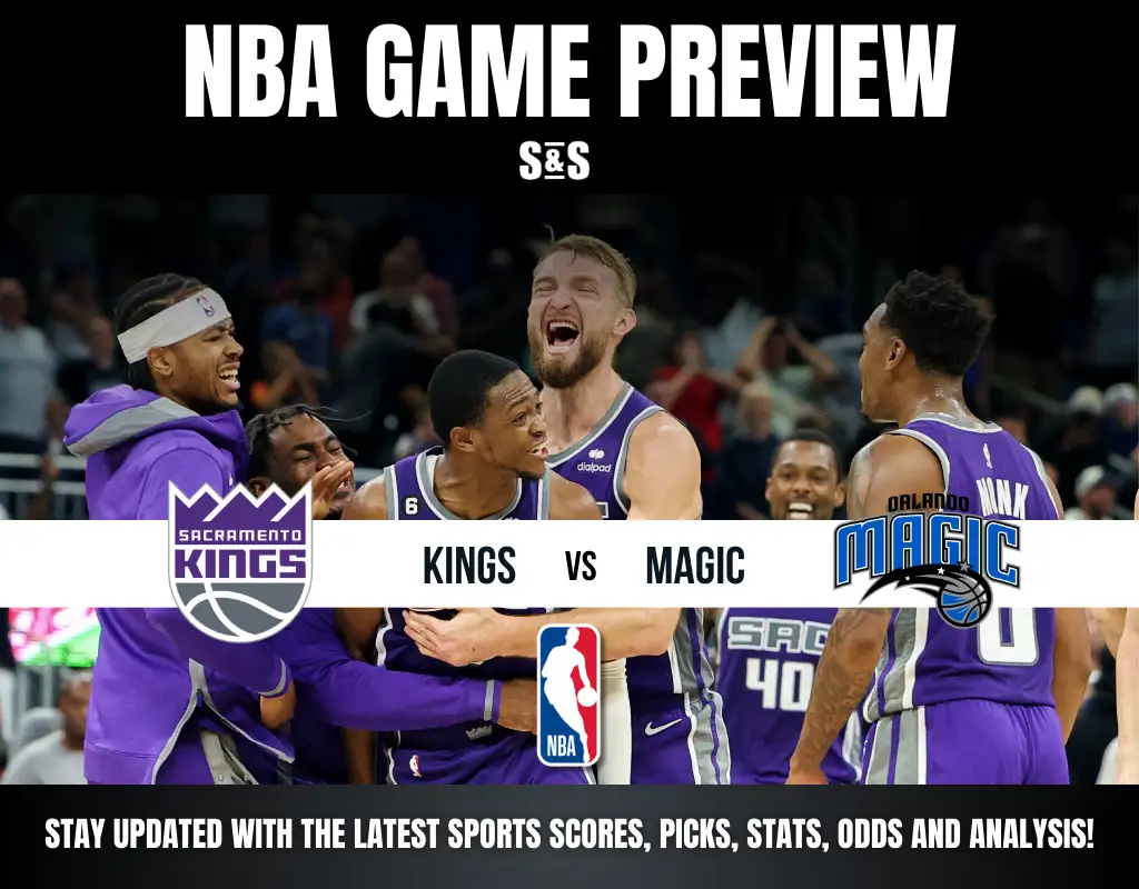 NBA game preview featuring players from the Sacramento Kings and Orlando Magic, with team logos and game details prominently displayed.