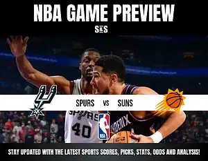 NBA game preview featuring the Spurs vs Suns, highlighting key players and match information, set against a dynamic basketball backdrop.
