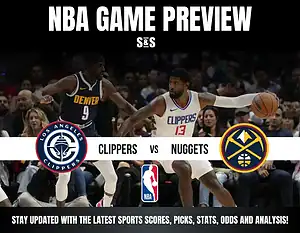 NBA game preview featuring the Los Angeles Clippers facing off against the Denver Nuggets, highlighting key players in action.