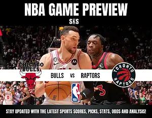 NBA game preview featuring the Chicago Bulls and Toronto Raptors, with players in action and game details prominently displayed.