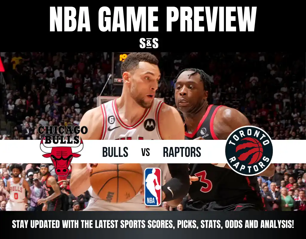 NBA game preview featuring the Chicago Bulls and Toronto Raptors, with players in action and game details prominently displayed.