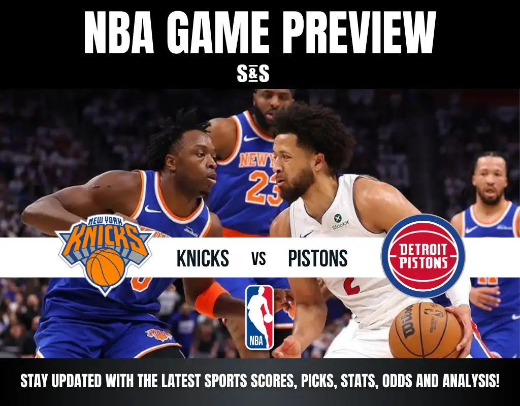 NBA Game Preview featuring the New York Knicks vs. Detroit Pistons, with visuals of players in action and team logos.