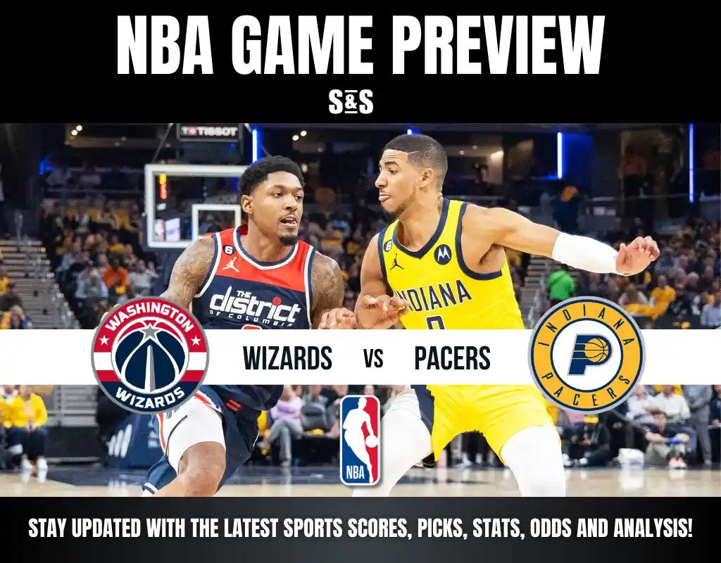 Two basketball players in action during an NBA game preview featuring the Washington Wizards versus the Indiana Pacers.