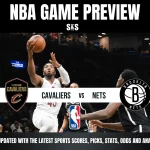 Basketball player in action with text overlay: "NBA Game Preview - Cavaliers vs Nets" and team logos, promoting game stats and analysis.