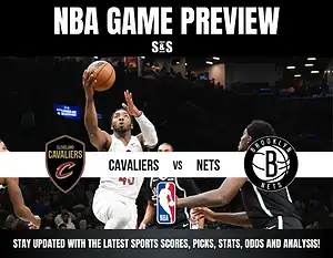 Basketball player in action with text overlay: "NBA Game Preview - Cavaliers vs Nets" and team logos, promoting game stats and analysis.