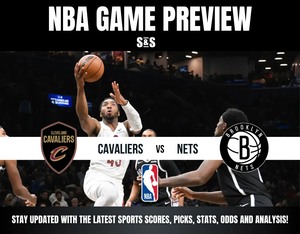 Basketball player in action with text overlay: "NBA Game Preview - Cavaliers vs Nets" and team logos, promoting game stats and analysis.