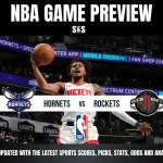 NBA game preview image featuring a Houston Rockets player in action. Text highlights "Hornets vs Rockets" with team logos, and promotes updates on sports scores and analysis.
