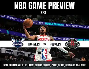 NBA game preview image featuring a Houston Rockets player in action. Text highlights "Hornets vs Rockets" with team logos, and promotes updates on sports scores and analysis.