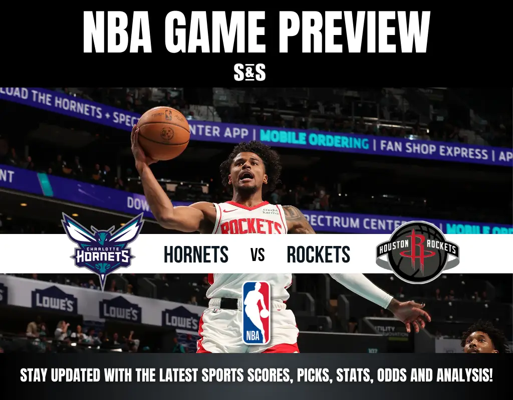 NBA game preview image featuring a Houston Rockets player in action. Text highlights "Hornets vs Rockets" with team logos, and promotes updates on sports scores and analysis.