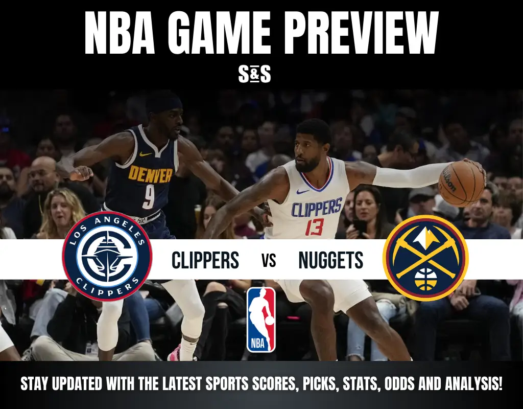 NBA game preview featuring the Los Angeles Clippers facing off against the Denver Nuggets, highlighting key players in action.