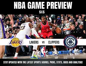NBA game preview featuring the Los Angeles Lakers vs. Los Angeles Clippers with players in action and fans in attendance.