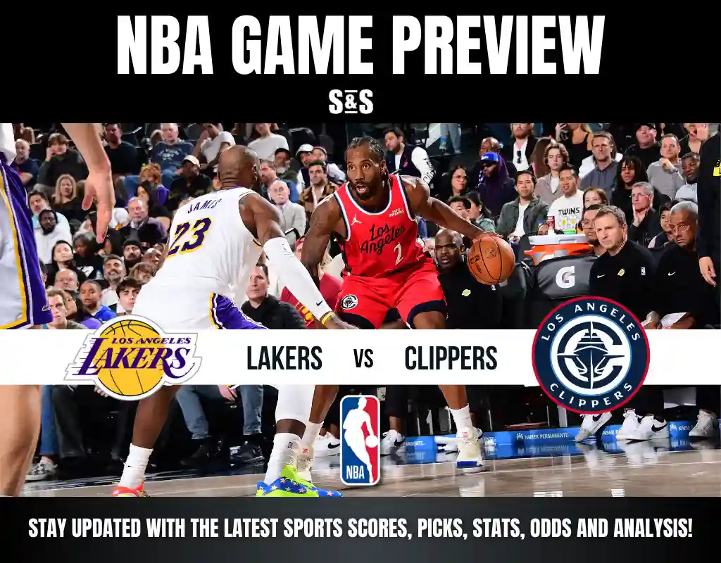 NBA game preview featuring the Los Angeles Lakers vs. Los Angeles Clippers with players in action and fans in attendance.