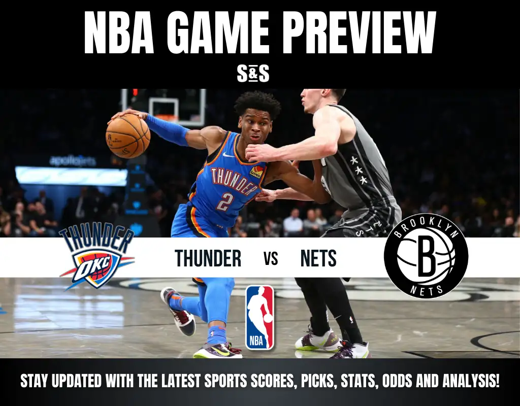 NBA game preview graphic featuring the Thunder vs. Nets matchup, showcasing a player dribbling the basketball on the court.
