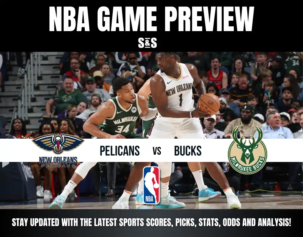 NBA game preview featuring the New Orleans Pelicans versus the Milwaukee Bucks, with players in action and a cheering crowd in the background.