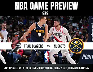 NBA game preview featuring the Trail Blazers vs. Nuggets, showcasing players on the court with fans in the background.