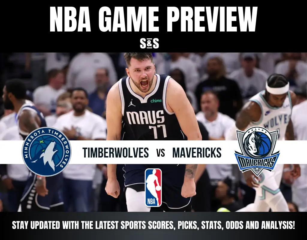 NBA game preview featuring the Timberwolves vs. Mavericks, showcasing players in action with team logos and score updates.