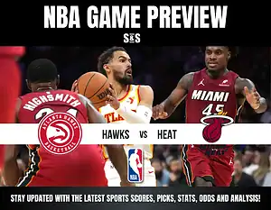 NBA Game Preview featuring the Atlanta Hawks vs. Miami Heat, highlighting player action and team logos. Stay updated with stats and analysis!