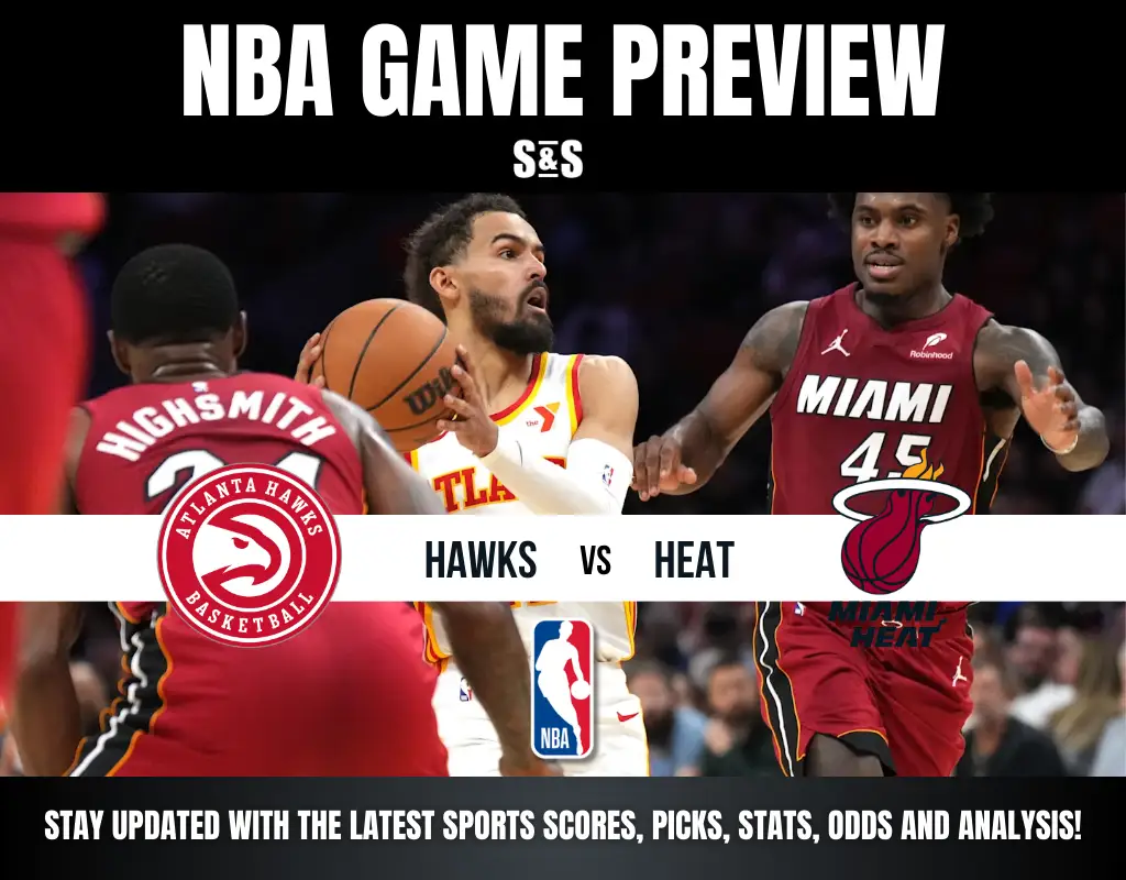 NBA Game Preview featuring the Atlanta Hawks vs. Miami Heat, highlighting player action and team logos. Stay updated with stats and analysis!