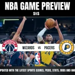 NBA Game preview featuring the Washington Wizards vs. Indiana Pacers, with players in action and team logos displayed.
