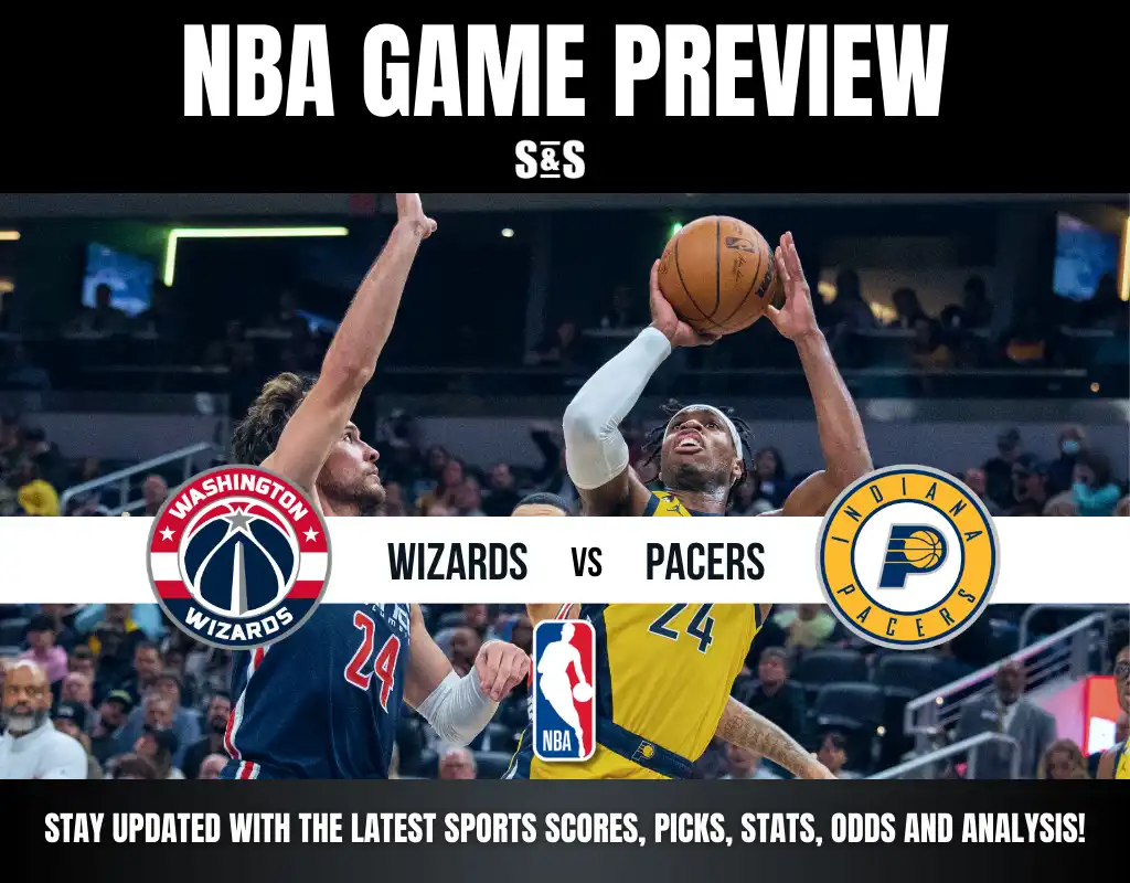 NBA Game preview featuring the Washington Wizards vs. Indiana Pacers, with players in action and team logos displayed.