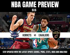NBA Game Preview featuring the Charlotte Hornets vs. Cleveland Cavaliers with players in action and team logos displayed.
