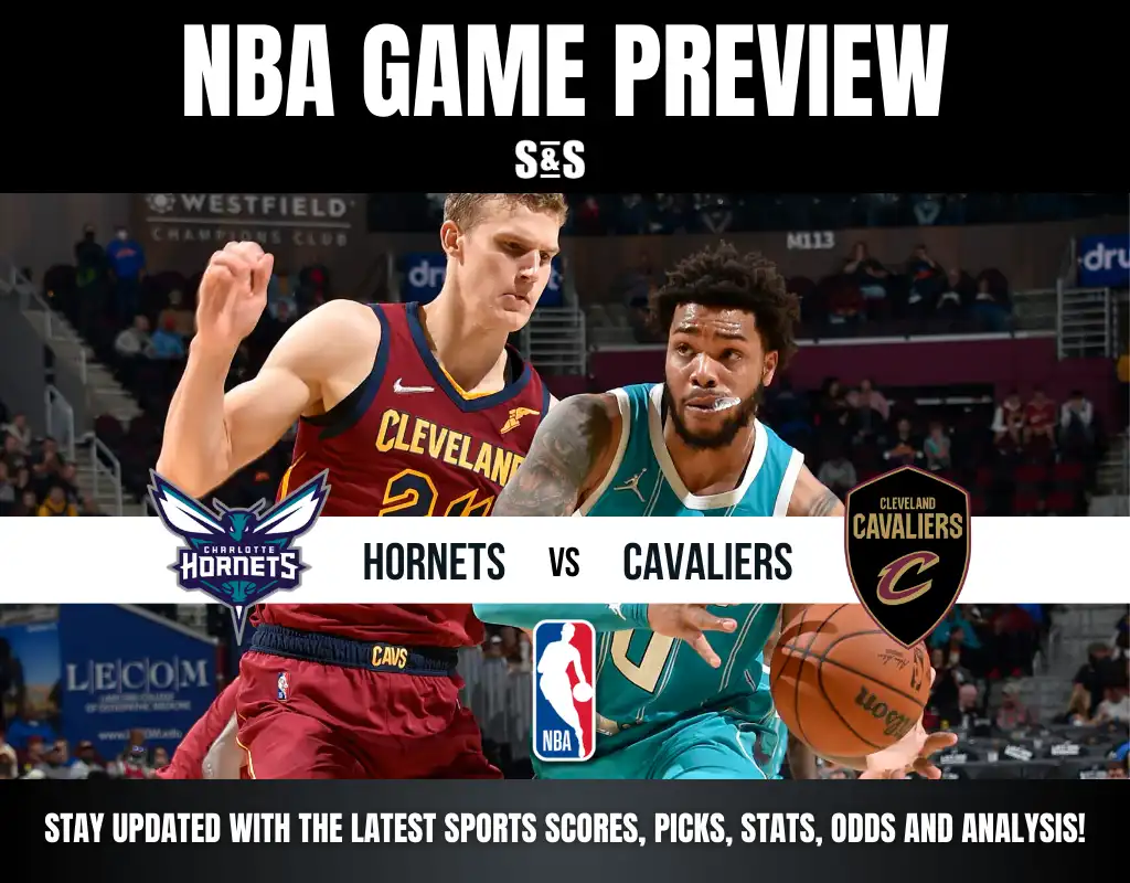 NBA Game Preview featuring the Charlotte Hornets vs. Cleveland Cavaliers with players in action and team logos displayed.