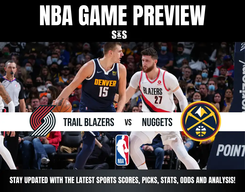NBA game preview featuring the Trail Blazers vs. Nuggets, showcasing players on the court with fans in the background.