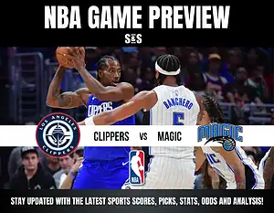 NBA game preview featuring Clippers vs. Magic. Image shows players in action, emphasizing intensity and competition. Logos are prominently displayed.