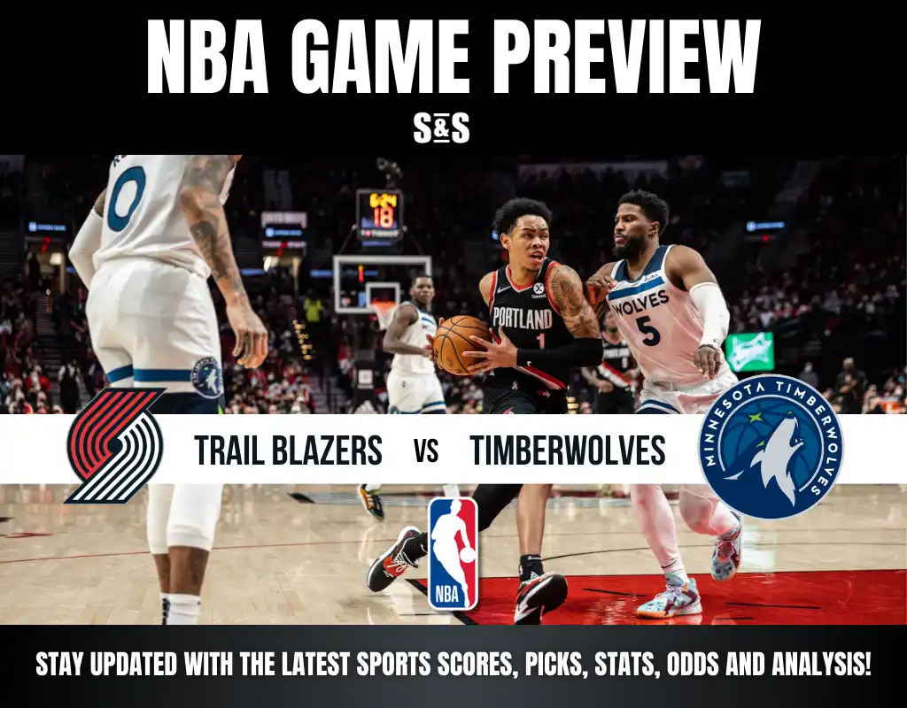 NBA game preview featuring the Trail Blazers vs. Timberwolves, with players in action on the court.