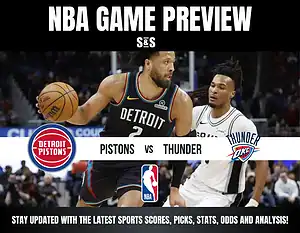 NBA game preview featuring Detroit Pistons vs. Oklahoma City Thunder. Player close-up in action, showcasing intense gameplay. Logos and NBA branding included.