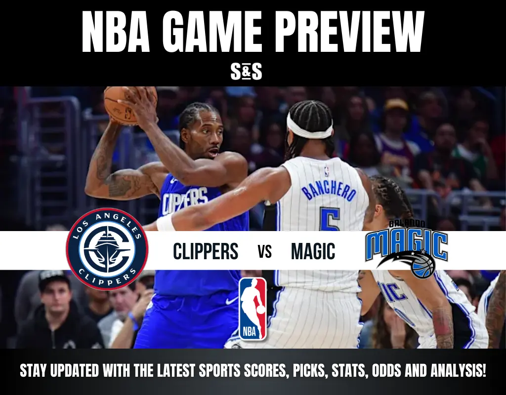 NBA game preview featuring the Clippers vs. Magic, highlighting players in action with team logos and sports updates banner.