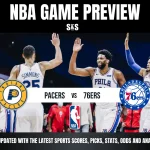 NBA game preview image featuring players from the Pacers and 76ers high-fiving. Team logos are displayed, with bold text announcing the matchup. Energetic and competitive.