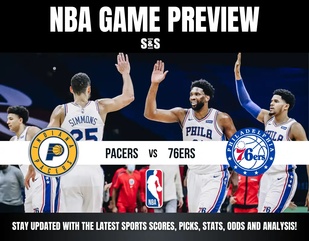 NBA game preview image featuring players from the Pacers and 76ers high-fiving. Team logos are displayed, with bold text announcing the matchup. Energetic and competitive.
