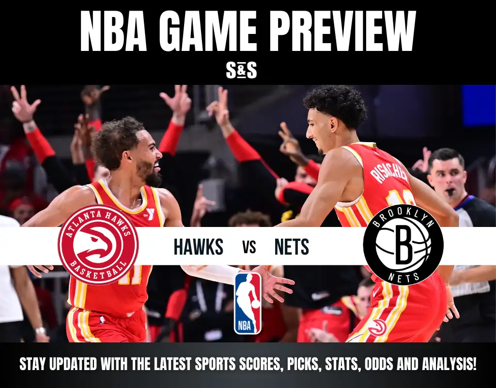NBA game preview image featuring excited Atlanta Hawks players on the court, with team logos for Hawks and Nets at the center. Promotes game details.