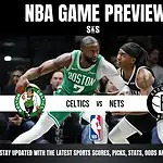 NBA game preview image featuring players from the Boston Celtics and Brooklyn Nets, with team logos displayed and text stating "Celtics vs Nets."