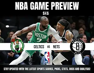 NBA game preview image featuring players from the Boston Celtics and Brooklyn Nets, with team logos displayed and text stating "Celtics vs Nets."