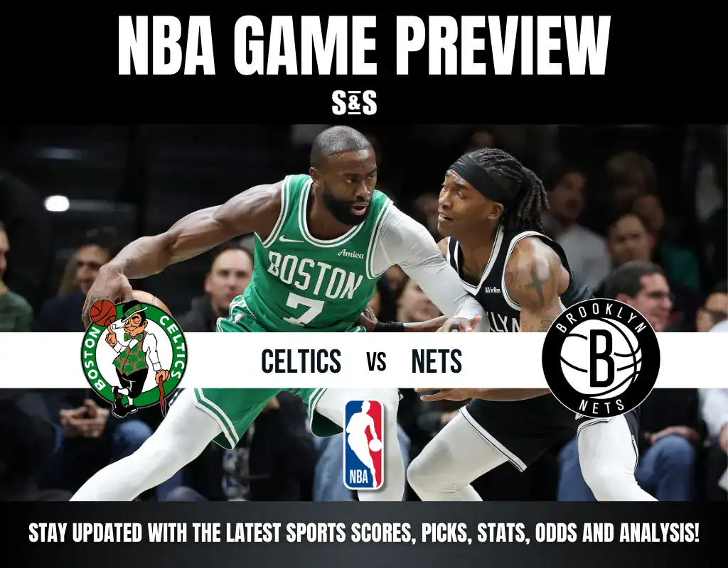 NBA game preview image featuring players from the Boston Celtics and Brooklyn Nets, with team logos displayed and text stating "Celtics vs Nets."