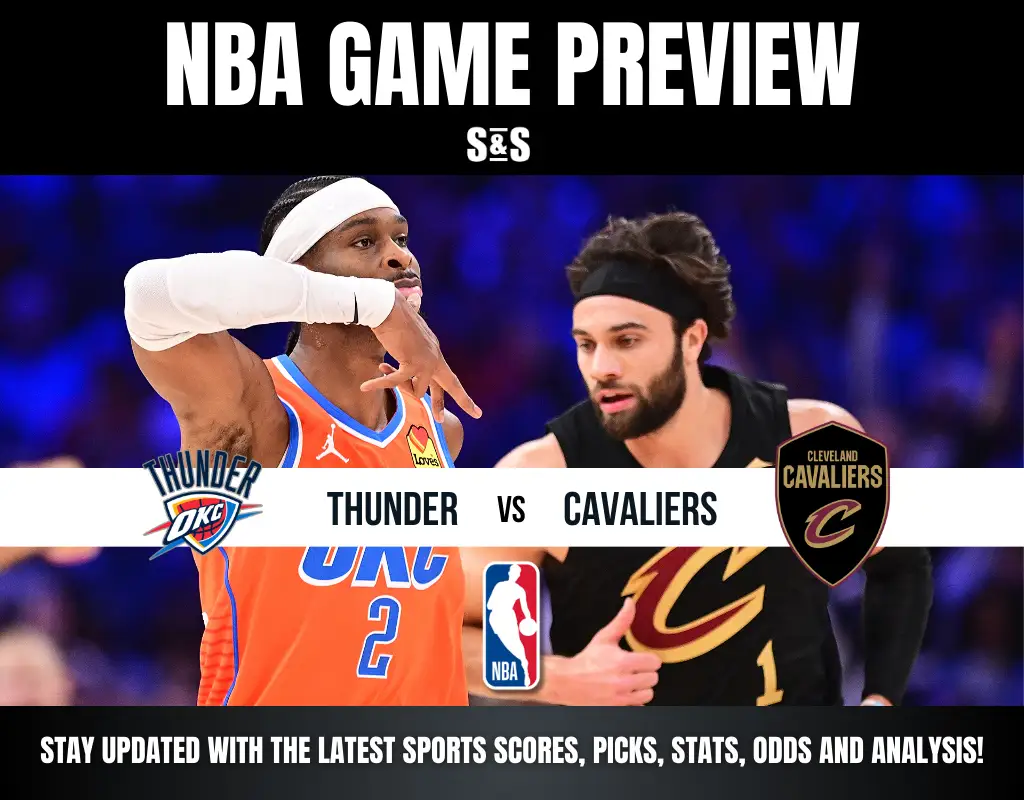Basketball game preview featuring Oklahoma City Thunder vs. Cleveland Cavaliers. Players in action; NBA logo below. Energetic and competitive tone.