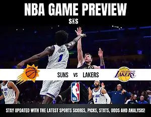 NBA Game Preview featuring Suns vs. Lakers, with text encouraging updates on sports scores, picks, stats, odds, and analysis.