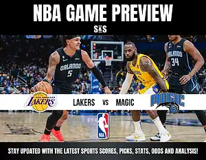NBA game preview featuring the Lakers vs. Magic, with players in action on the court, highlighted by team logos and updates.