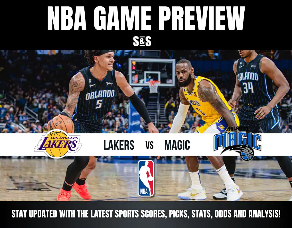 NBA game preview featuring the Lakers vs. Magic, with players in action on the court, highlighted by team logos and updates.