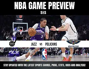NBA game preview featuring a matchup between the Utah Jazz and New Orleans Pelicans, with a graphic that includes logos of both teams and text for updates on sports scores, picks, stats, odds, and analysis.