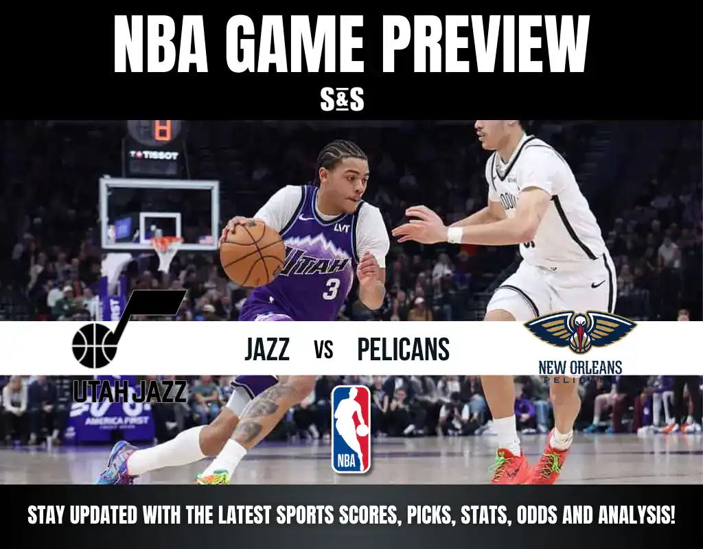 NBA game preview featuring a matchup between the Utah Jazz and New Orleans Pelicans, with a graphic that includes logos of both teams and text for updates on sports scores, picks, stats, odds, and analysis.